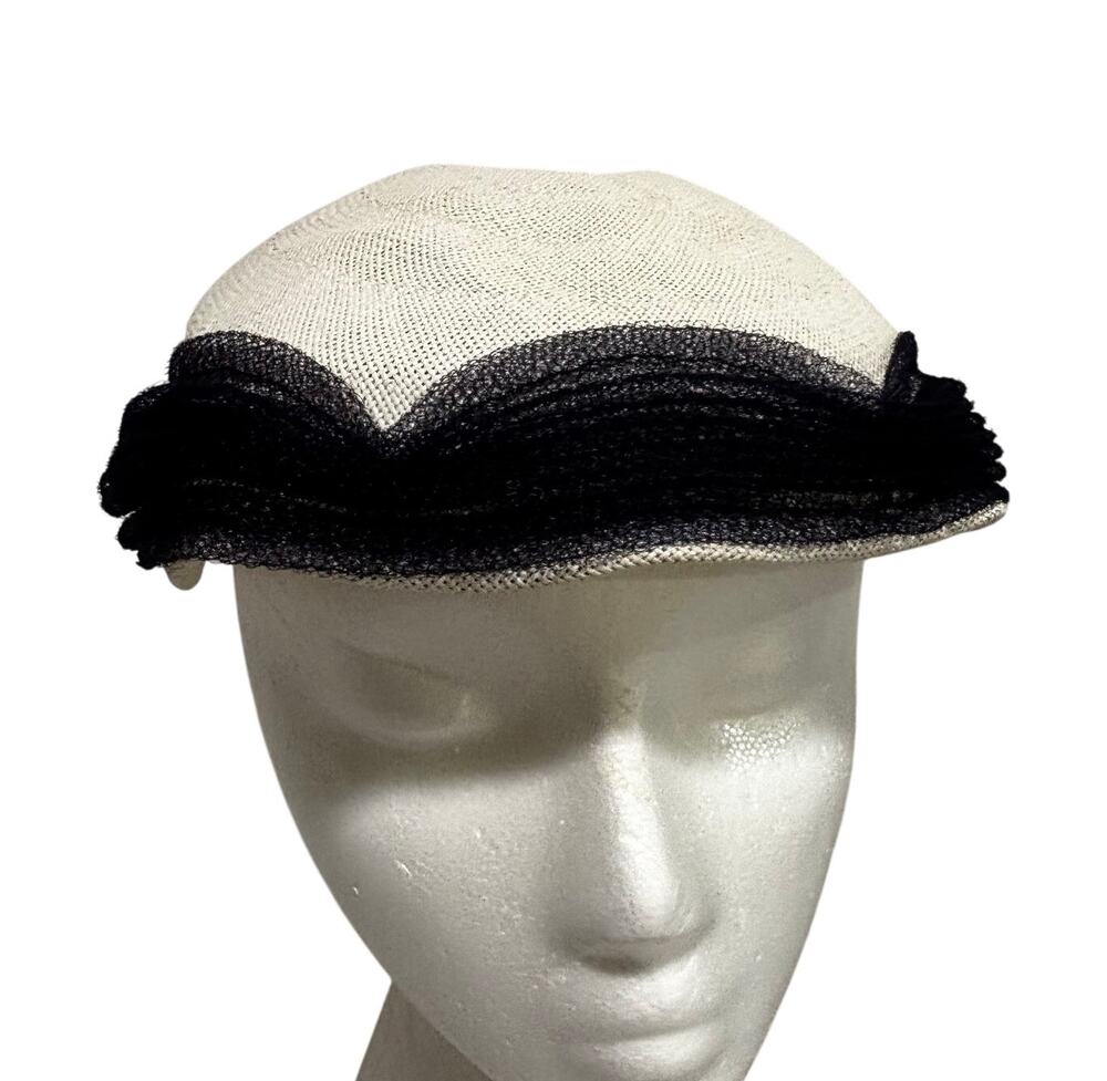 Vintage Mid Century Halle Bros Co White straw hat black netting & velvet bow - Picture 1 of 9